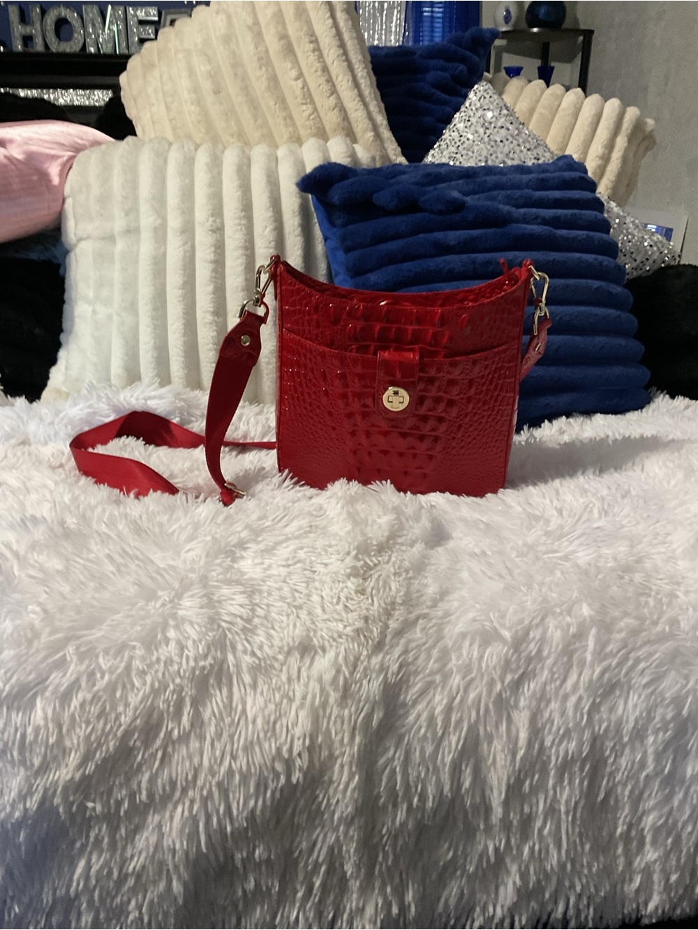 Brahmin Red Croc-Embossed Leather Crossbody with Gold Hardware